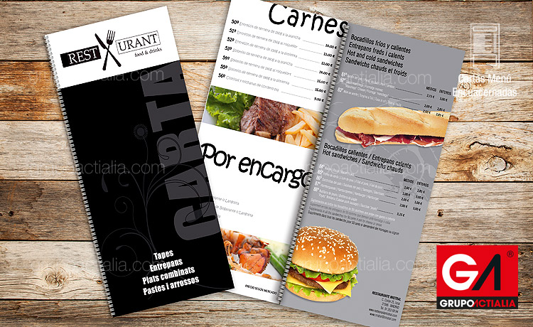 Diseño Gráfico · Impresión · Cartas Menú Restaurante · Libro Encuadernadas A5 Largo Glasofonado Mate