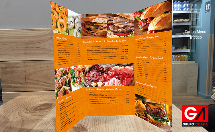 Diseño Gráfico · Impresión · Cartas Menú Restaurante · Tríptico A3 Largo